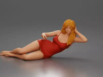 Woman lounges pillow watching holding remote wearing slip dress 3D print model
