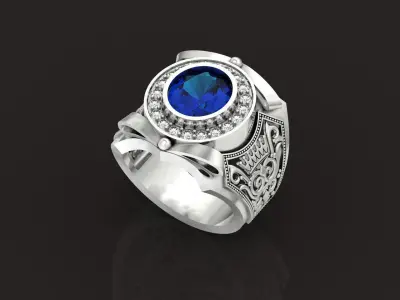 mens signet ring large with oval stone and pattern 1411 3D print model