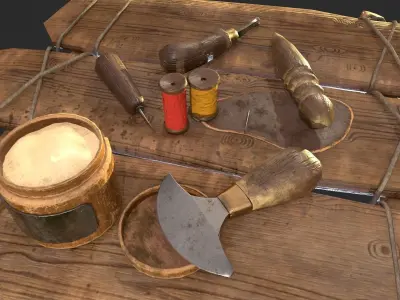 Old leather working tools for gamedev Low-poly 3D model