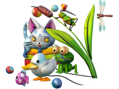 Cartoon 3D illustration Cat Duck Frog Fish Low-poly 3D model