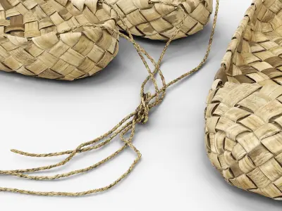 Aged Bast Shoes with Tied Laces 3D model