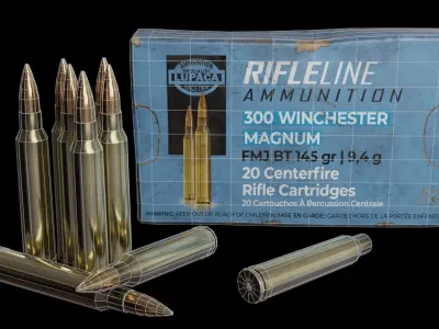 300 Winchester Magnum Rifle cartridge Low-poly 3D model