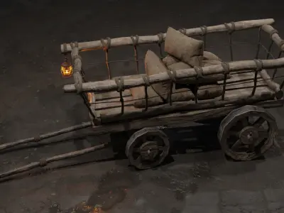 Stylized medieval cart with a lamp and bags Low-poly 3D model