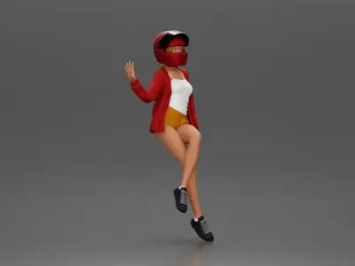 woman in Red Jacket and Helmet Sitting on the Motorbike 3D print model