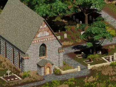 Medieval Church and Graveyard Low-poly 3D model
