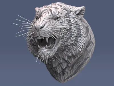 Angry Tiger Head Animal Sculpture Stripes 3D model