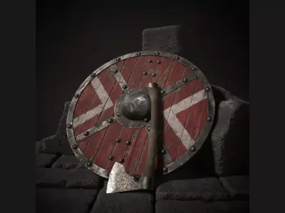 Viking axe and shield with simple ornament Low-poly 3D model