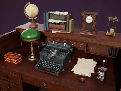 Antique Desk With Miscellaneous Low-poly 3D model