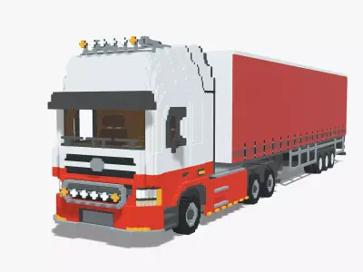 Voxel Truck and Curtain Trailer Low-poly 3D model