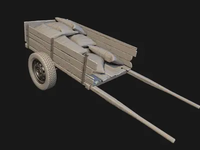 Low Poly PBR Wooden Cart with Sacks Low-poly 3D model