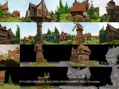 STYLIZED MEDIEVAL BUILDING ENVIRONMENT PACK 3D Model Collection