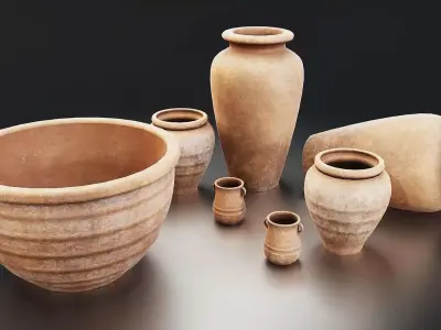 Ancient Clay Pottery Set Low-poly 3D model