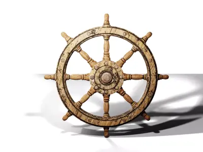 Old Wooden Ship Steering Wheel Low-poly 3D model