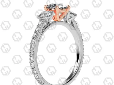 Ring 129 Round cathedral pave set shank 3 stone ring 3D print model