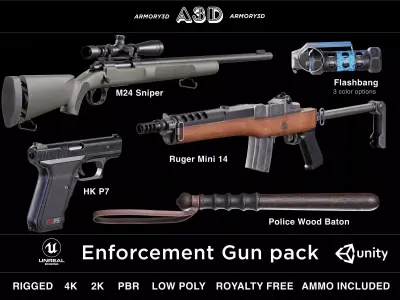 Game Ready Enforcement Gun Pack PBR Rigged Low-poly 3D model