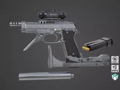 Pistol 08 Silver Generic All PBR UE Textures Included Low-poly 3D model