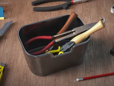 Household Repair Kit with Steel Tray and Hand Tools 3D model