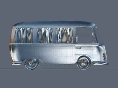 van 3d model turquoise with curtains 3D model