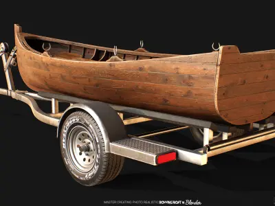 Wooden Rowing Boat plus Trailer 3D model