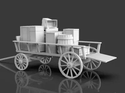 Low Poly Medieval Wagon With Crates - Untextured  Low-poly 3D model