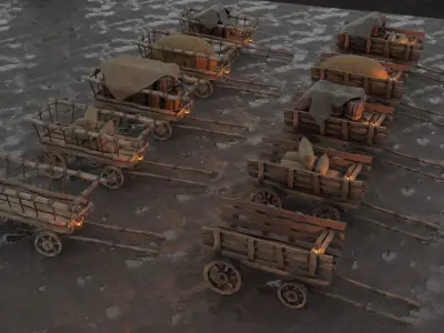 A set of stylized medieval carts with a lamp and a load Low-poly 3D model