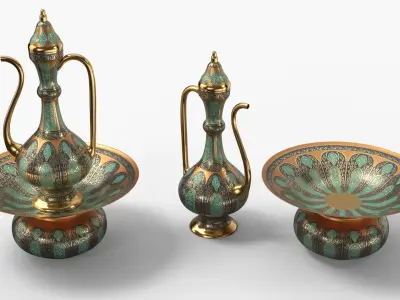  Middle Eastern Pitcher Set on Hand-Carved Side Table 