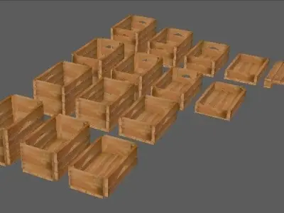 Set wooden boxes of different heights and pallets Low-poly 3D model