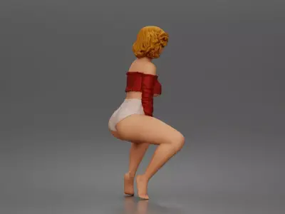 Playful dancer squatting low in offshoulder crop top and shorts 3D print model