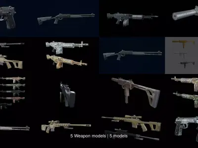 5 Weapon models 3D Model Pack