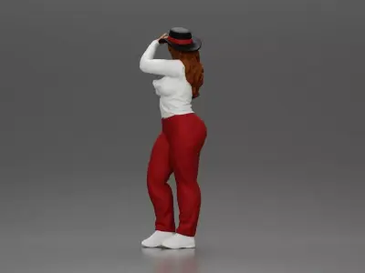 woman in red pants striking stylish pose with hat 3D print model