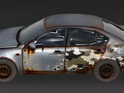 Realistic Wrecked Mid-Size Sedan 3D Model Low-poly 3D model