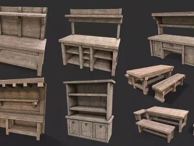 Medieval Environment Props 6 Kitchen Furniture Pack 1 Low-poly 3D model
