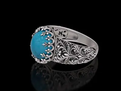 Oval stone antique filigree crown gold silver ring V2 3D print model