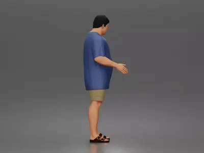 asian man character walking pose in tshirt shorts sandals outfit 3D print model