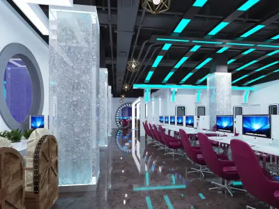 cybercafe futuristic office with computer desks and monitors 3D model
