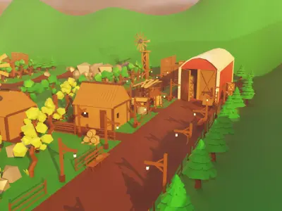 Village Scene with Detailed Environment Low-poly 3D model