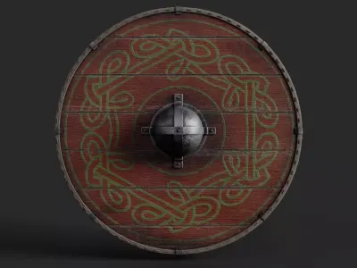Slavic round wooden shield-painted red with green nordic symbol Low-poly 3D model
