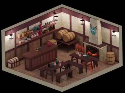 Low Poly Tavern Medieval Low-poly 3D model