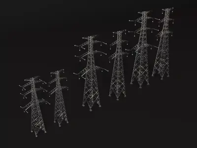 High Voltage Power Transmission Tower Electric Pylon Set 3D model