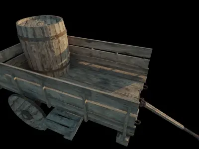 mid-poly cart and barrel with texturing 3D model