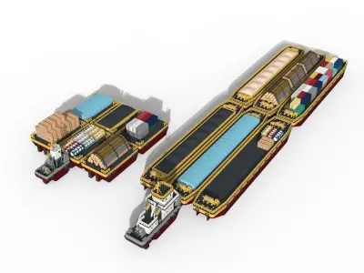 Barge and Push Boats lowpoly Low-poly 3D model
