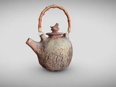 Hand made tea pot with a bamboo handle Low-poly 3D model