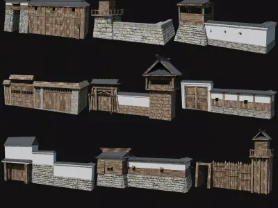MODULAR JAPANESE WALLS PALISADE FEUDAL FENCE BARRIER COLLECTION Low-poly 3D model
