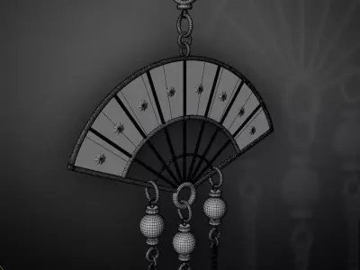 Traditional Chinese Fan Earring with Gemstones Low-poly 3D model