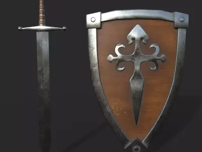 Simple Sword and shield Low-poly 3D model