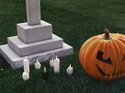  Old Cemetery with Carved Pumpkins and Candles Fur 