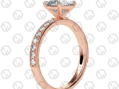 Ring 68 Princess Shape milgrain pave set ring with Gems 3D print model