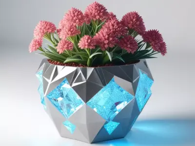 Futuristic Glowing Planter with Pink Flowers 3D model