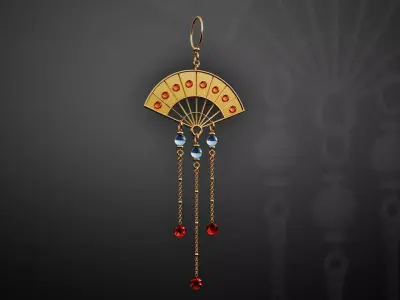 Traditional Chinese Fan Earring with Gemstones Low-poly 3D model