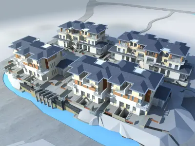 Villa residential complex on shore of lake 3D model